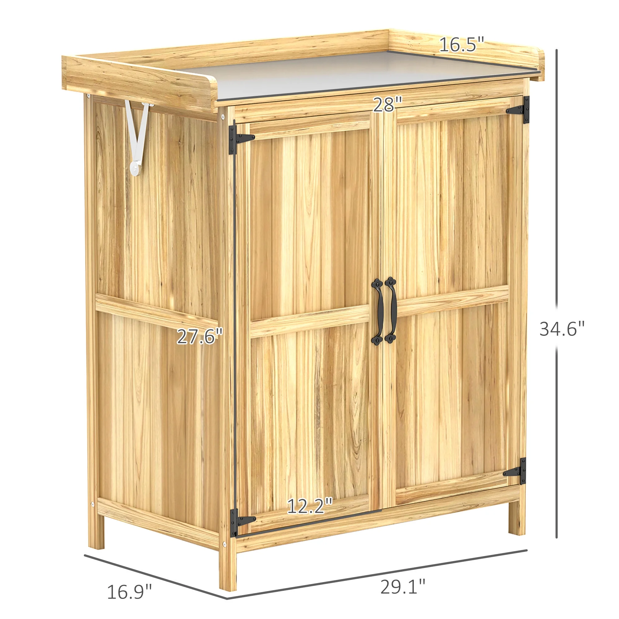 Outsunny Outdoor Garden Shed, Wooden Backyard Shed with Metal Tabletop, Shelf and 2 Doors for Patio, Lawn, Gray - Image 16