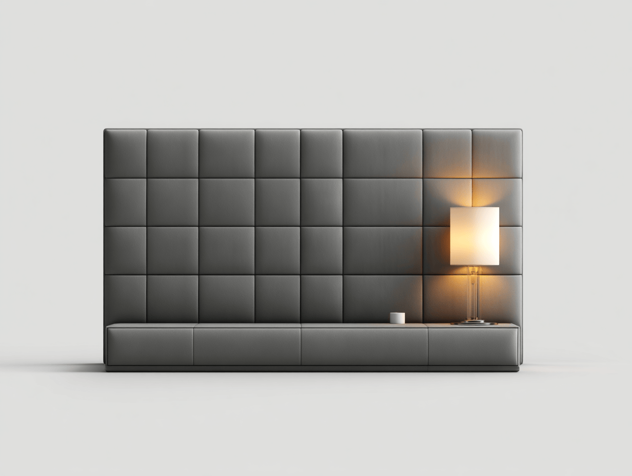 Cabecero acolchado – polipiel gris – diseño moderno con mesa y lámpara de noche