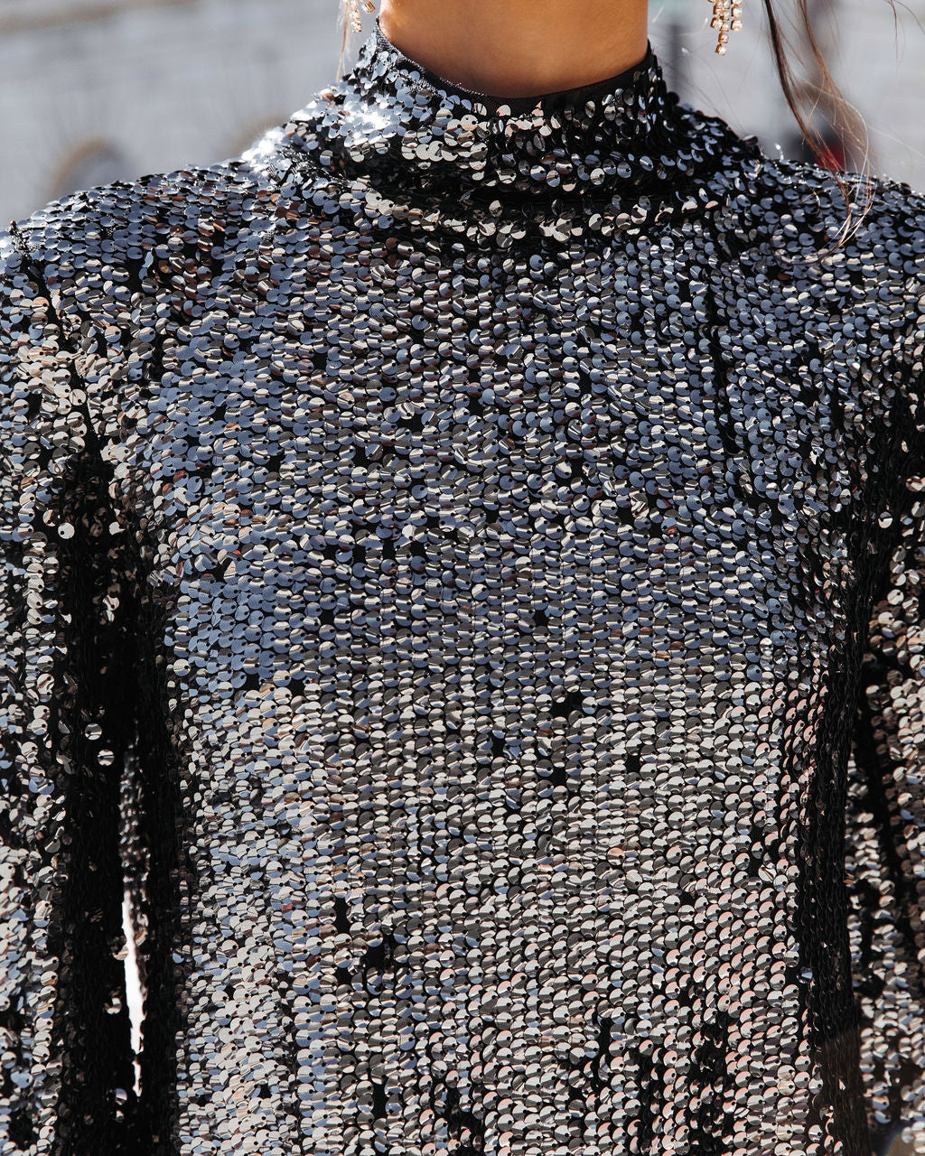 Broadway Sequin Mock Neck Long Sleeve Top - Black - Se7enfashion