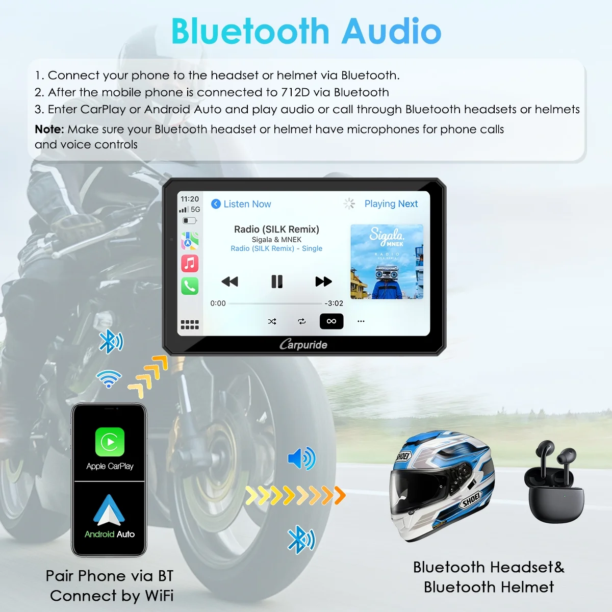 Carpuride Motorcycle HD Dual 1080P Dash Cam, Wireless Apple CarPlay & Android Auto Wire Control, Horizontal Vertical Rotation 7" Touch Screen (712D) - Image 2