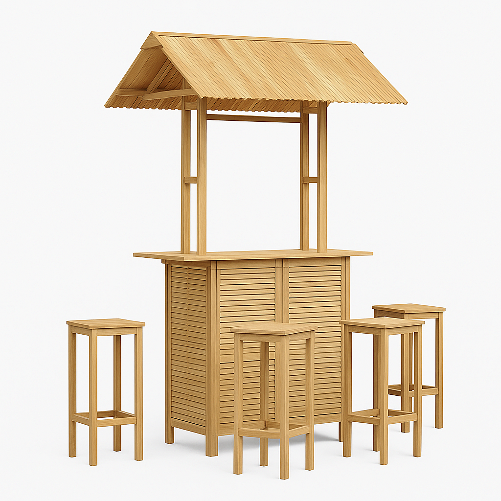 Bar de jardín, uno de ellos con mesa en la azotea y tres taburetes, de madera clara.
