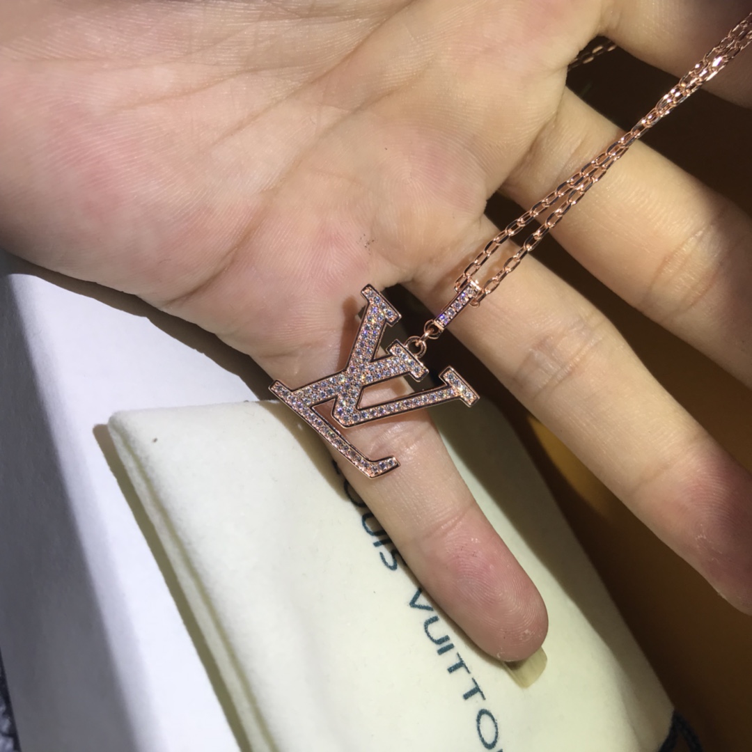 Louis Vuitton Full Diamond Paved LV Pendant Necklace - Original Replica Club