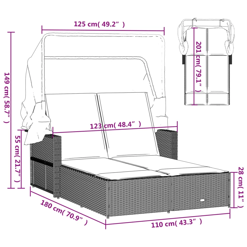 vidaXL Powder Coated Steel Removable Canopy and Cushions Double Sun Lounger, Beige - Image 21