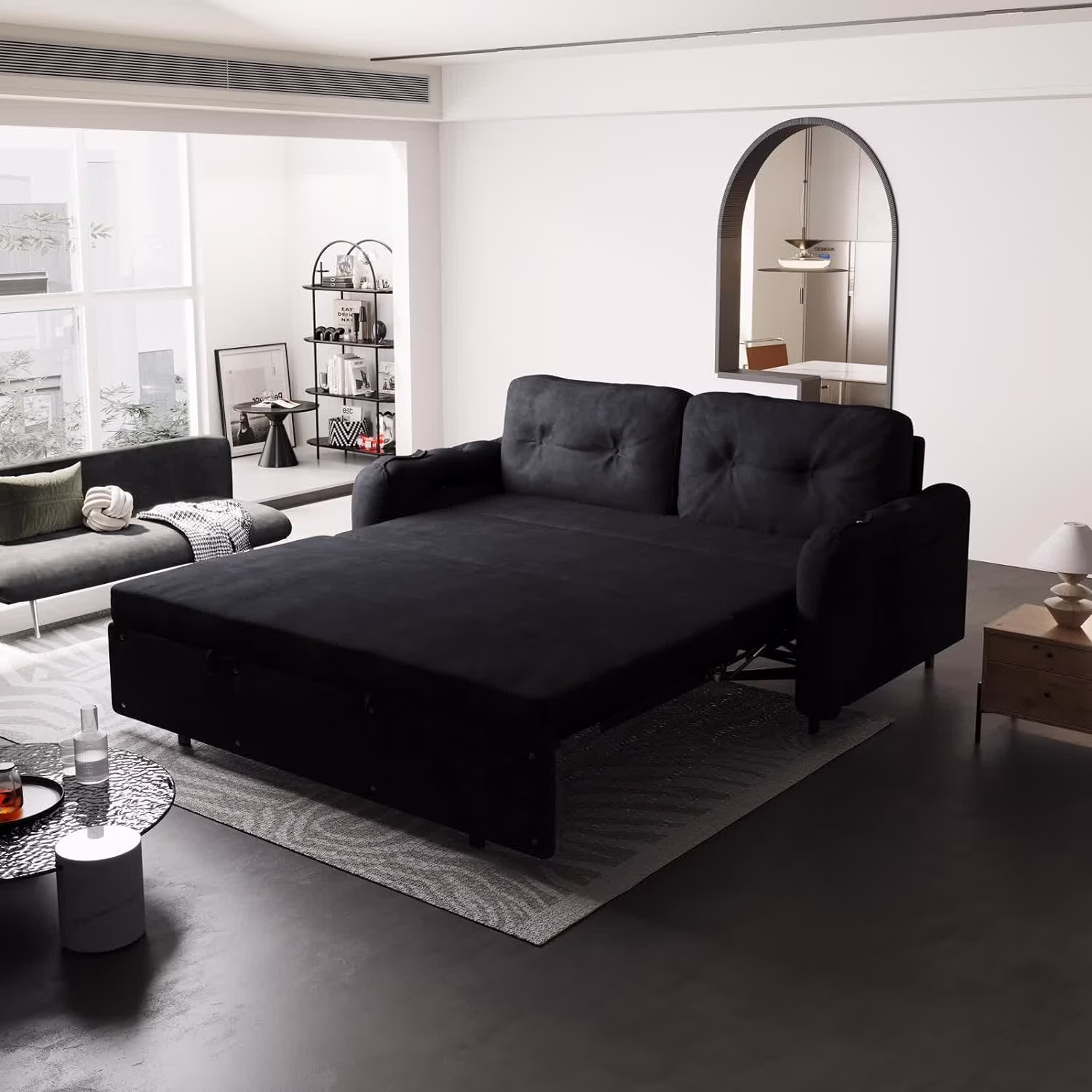 Tabaray 63.8" Futon Sofa Bed Queen Size, Pull Out Bed, 3-in-1 Convertible Sleeper Sofa with Side Pocket, Modern Plush Velvet Futon Couch for Living Room, Small Space, Apartment, Bedroom, Black - Image 16