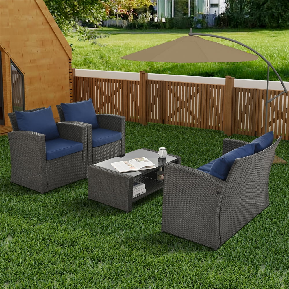 4 Pieces Patio Conversation Set, Outdoor Furniture Set with Cushion, Outside Sectional Rattan Wicker Sofa Furniture Set for Garden, Porch, Backyard, Gray - Image 19