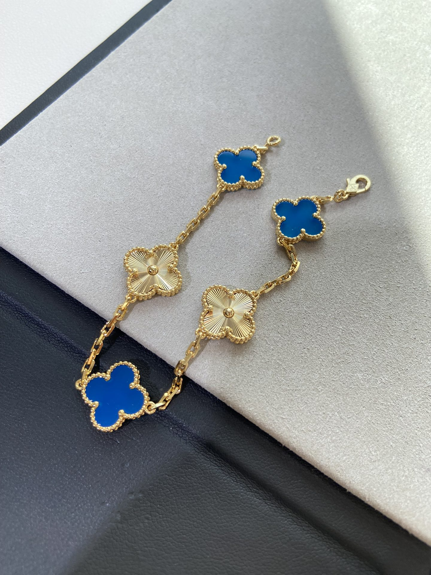 VCA Blue Agate and Gold Guilloche Clover Vintage Alhambra Bracelet 5 Motifs - Original Replica Club