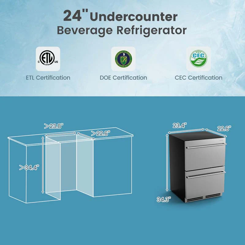 Eletriclife 24 Inch Under Counter Dual Drawer Fridge with 37℉-64℉ Temperature Range