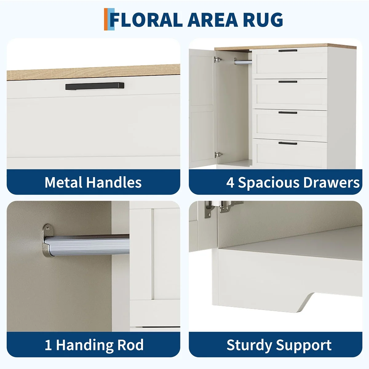Ataucjin Wood Armoire Wardrobe Closet with 4 Drawers and Door, 43.3" H Bedroom Wardrobe Cabinet with Hanging Rod, Clothing Storage Cabinets, 4 Drawers Dresser with Storage Closet - Image 19