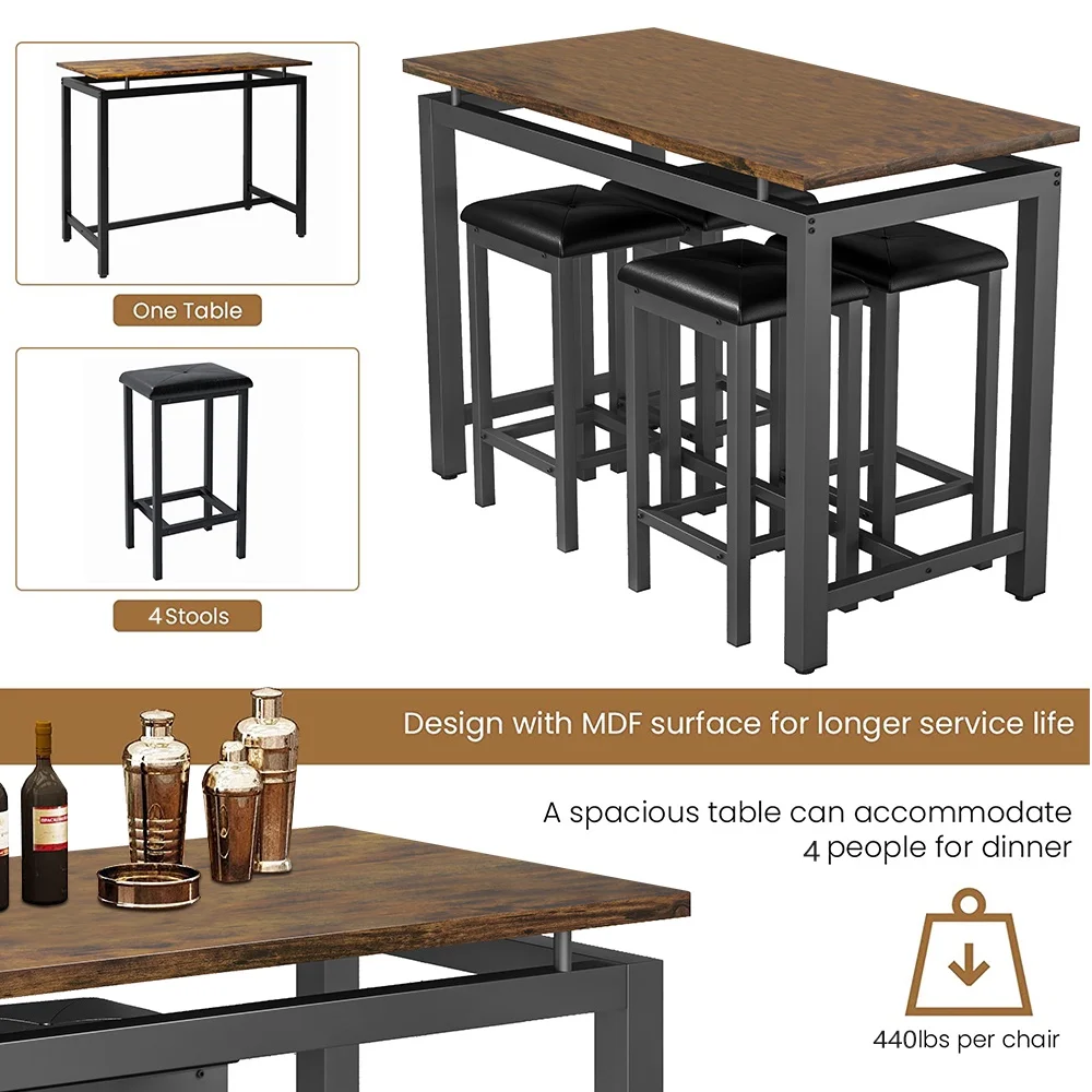 Counter Height Table Set of 5, Breakfast Bar Table and Stool Set, Minimalist Dining Table with Backless Stools, Wood Top Pub Table & Chair Set for Kitchen Apartment Bistro - Space Saving - Image 24