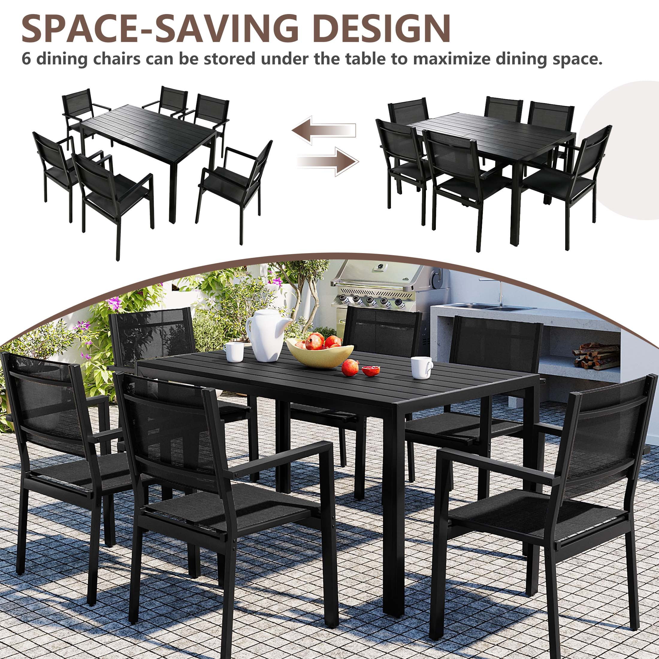 7 Piece Outdoor Dining Set, Patio Dining Table Set for 6 Persons, Garden Patio Textilene Dining Furniture Set with Plastic-Wood Tabletop, Dining Table Chairs Conversation Set for Deck Patio - Image 17