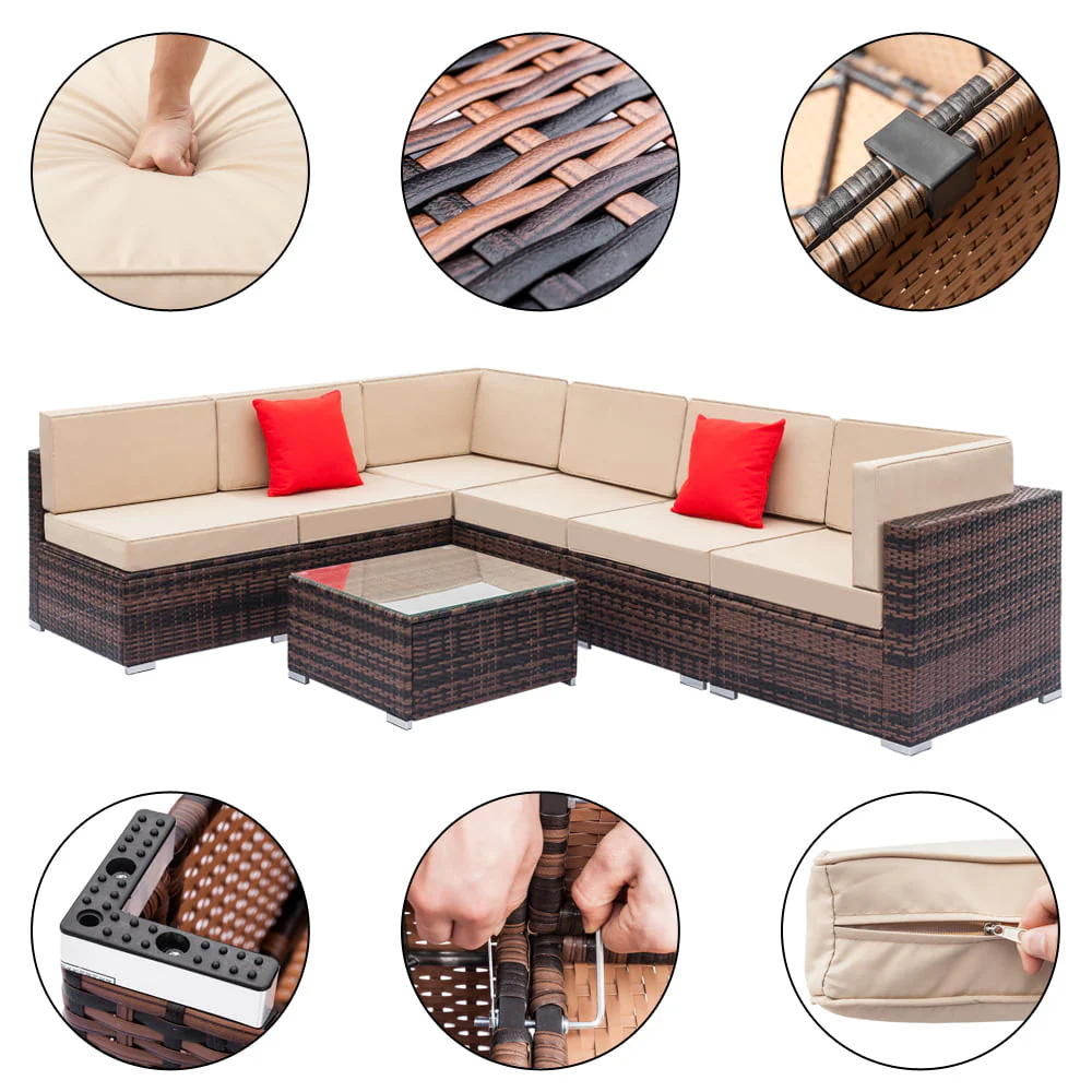 Wicker Patio Sofa Sets, 7 Pieces Outdoor Seating Sets, Lounge Sofa and Tempered Glass Coffee Table, Deck Front Garden Furniture Set, Brown Rattan + Beige Cushion - Image 9