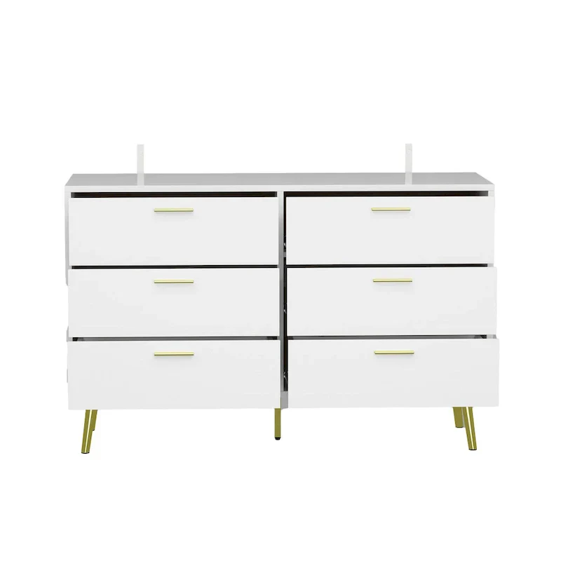 Elegant 6-Drawer Double Dresser with Gold Accents for Stylish Bedroom Storage