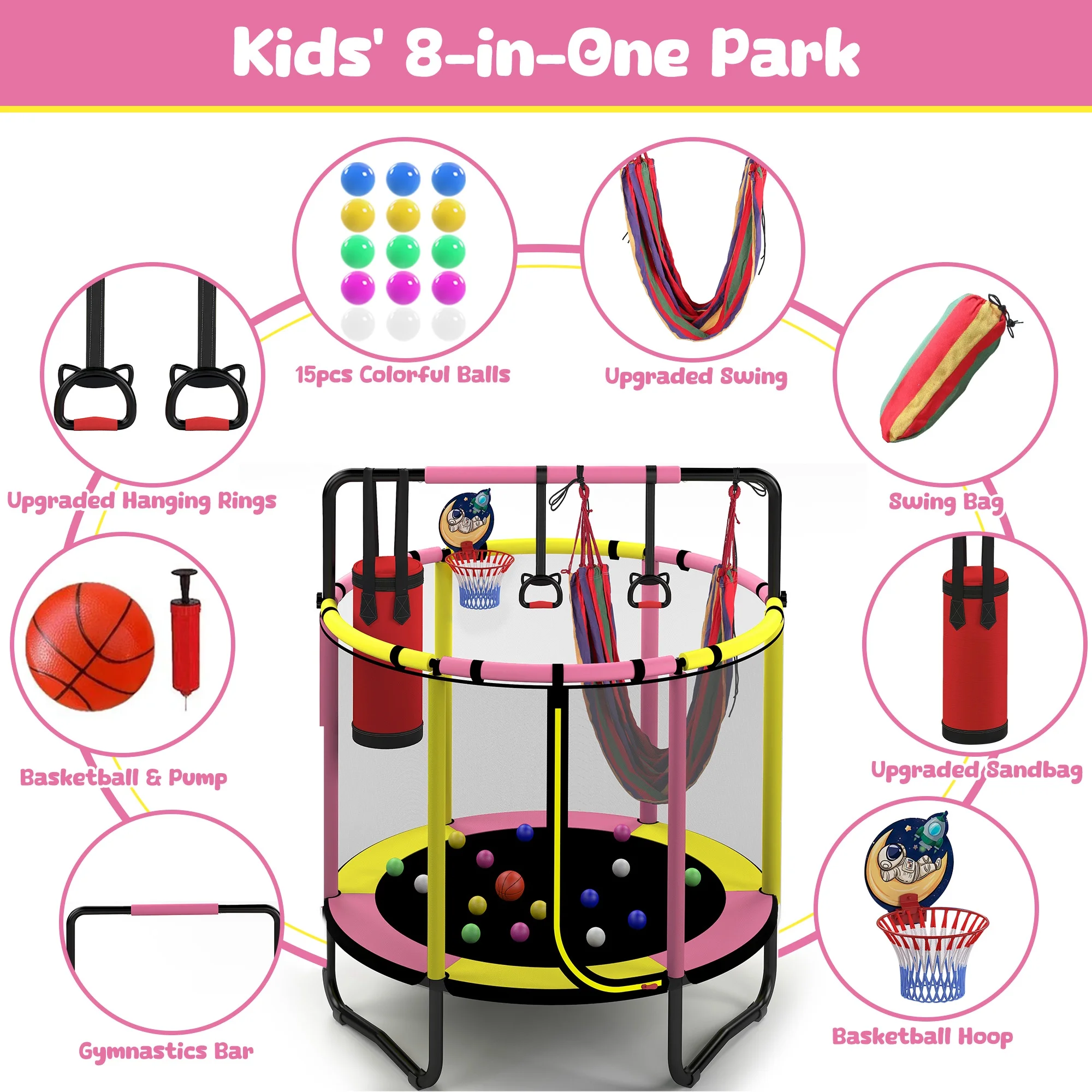 Mini Round Trampoline for Kids with Basketball Hoop, SEGMART 55'' Indoor Outdoor Toddler Trampoline with Enclosure Net, Swing, Sandbag, Ring, Ocean Balls, Small Trampoline Gift for Boys Girls, Blue - Image 13