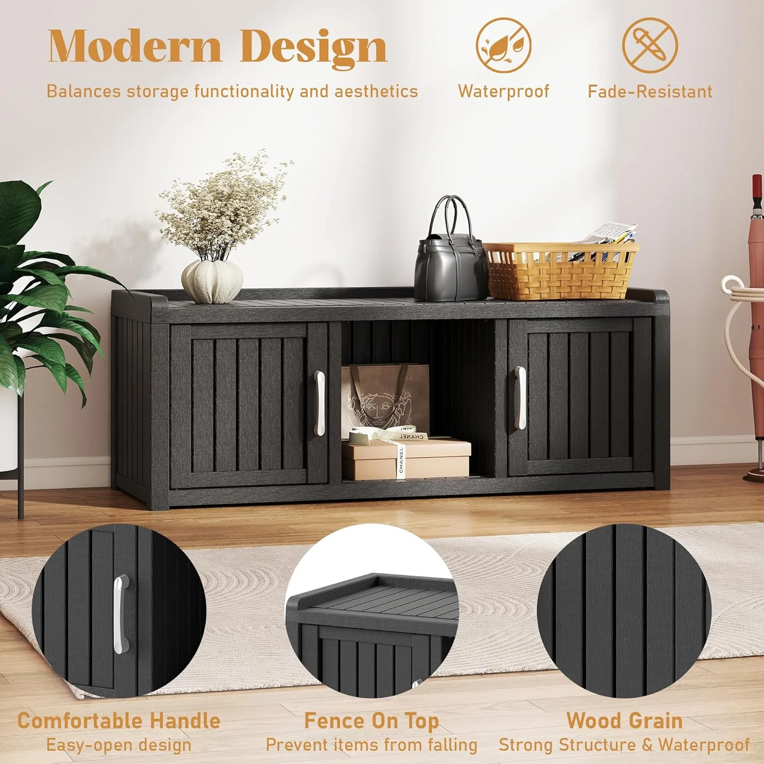 KAMABOKO Outdoor Shoe Storage Cabinet, Waterproof UV-Resistant Entryway Storage Bench Indoor Outdoor with 2 Barn Doors, Adjustable Shelves for Entryway, Bedroom, Hallway,Living Room(Black) - Image 15