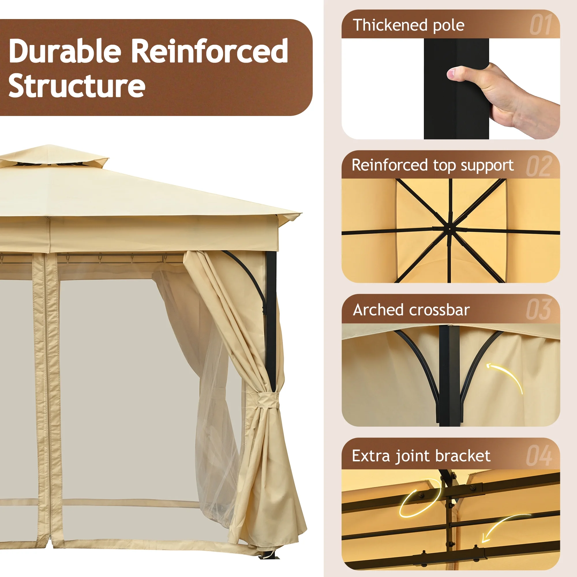 10'x10' Outdoor Gazebo,Patio Gazebo with Mosquito Netting and Privacy Screens for Backyard, Garden, Lawn and Deck,Grey - Image 11