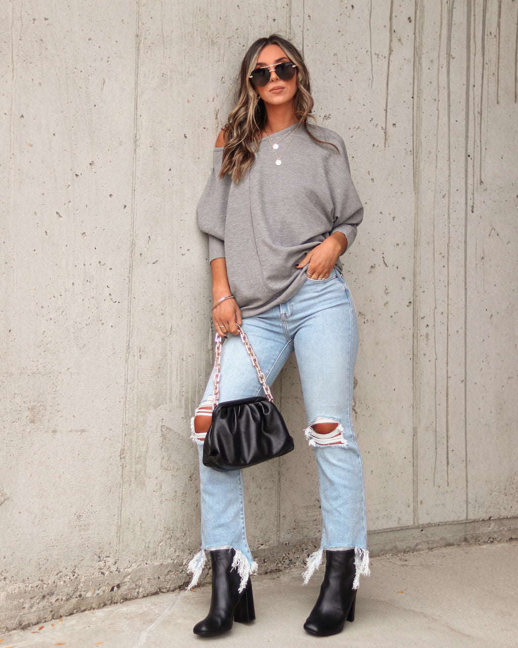 Fitch Waffle Knit Dolman Long Sleeve Top - Grey - Se7enfashion