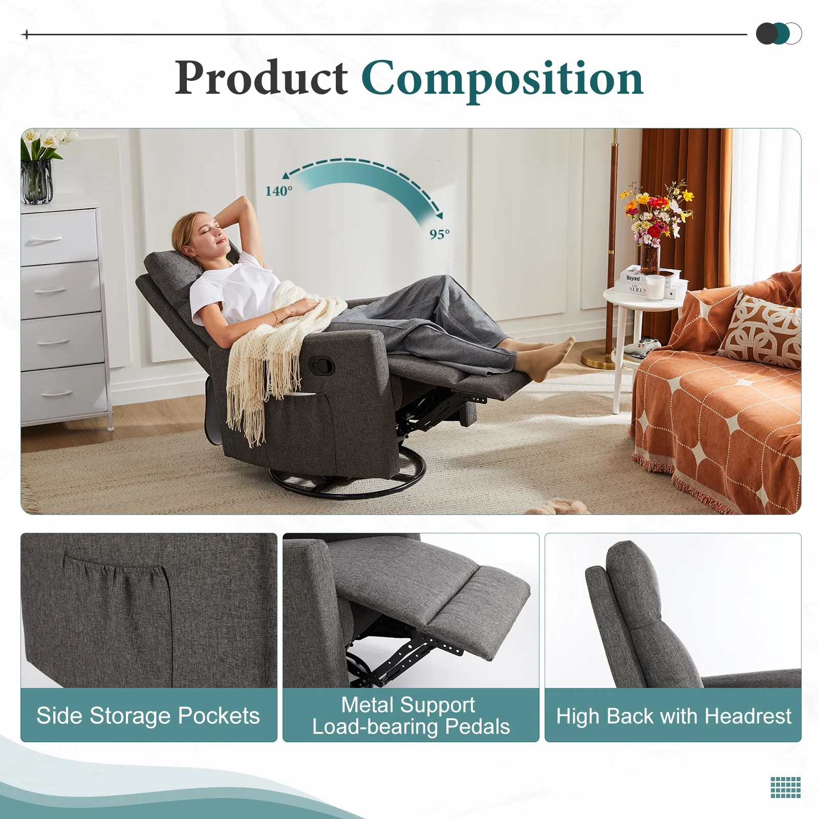 Recliner Message Chair with Footrest, Swivel Rocking Glider, High Back Upholstered Deep Seat for Living Room, Grey - Image 4