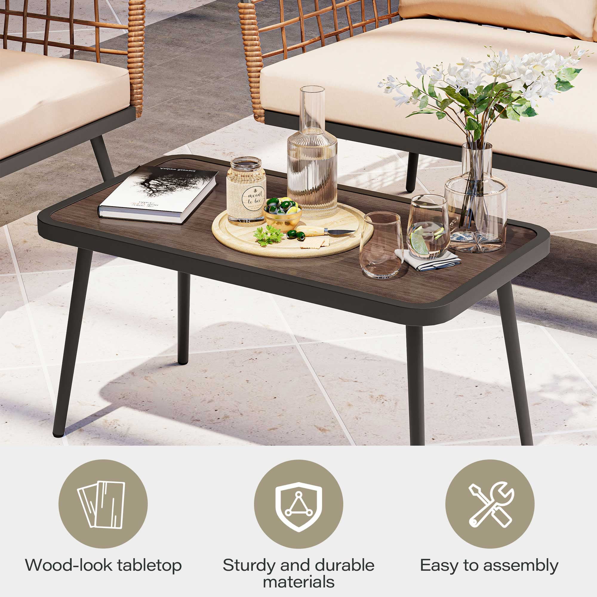 LAUSAINT HOME 4 Pieces Outdoor Conversation Sets, Patio Metal Frame Sofa with Wood Loveseat and Coffee Table, Beige Cushions - Image 7