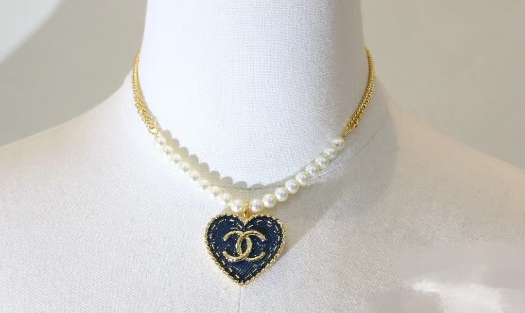 Chanel Denim Heart Double C Pendant Pearl Necklace - Original Replica Club