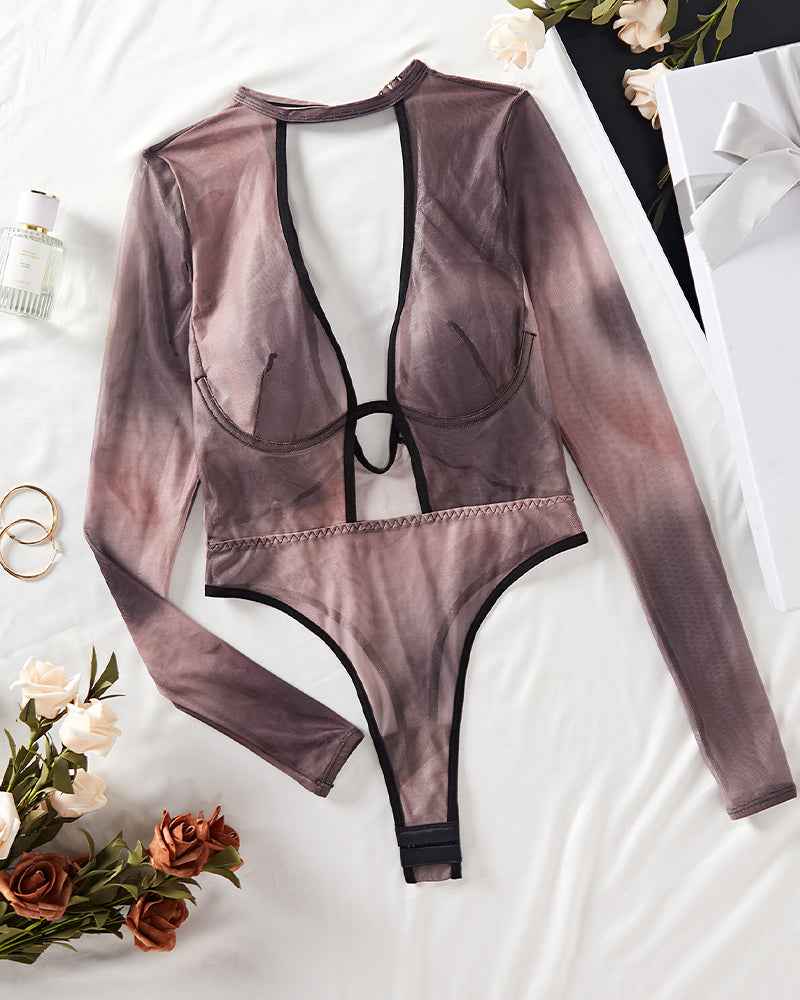 Hollow Mesh Long Sleeve Bodysuits