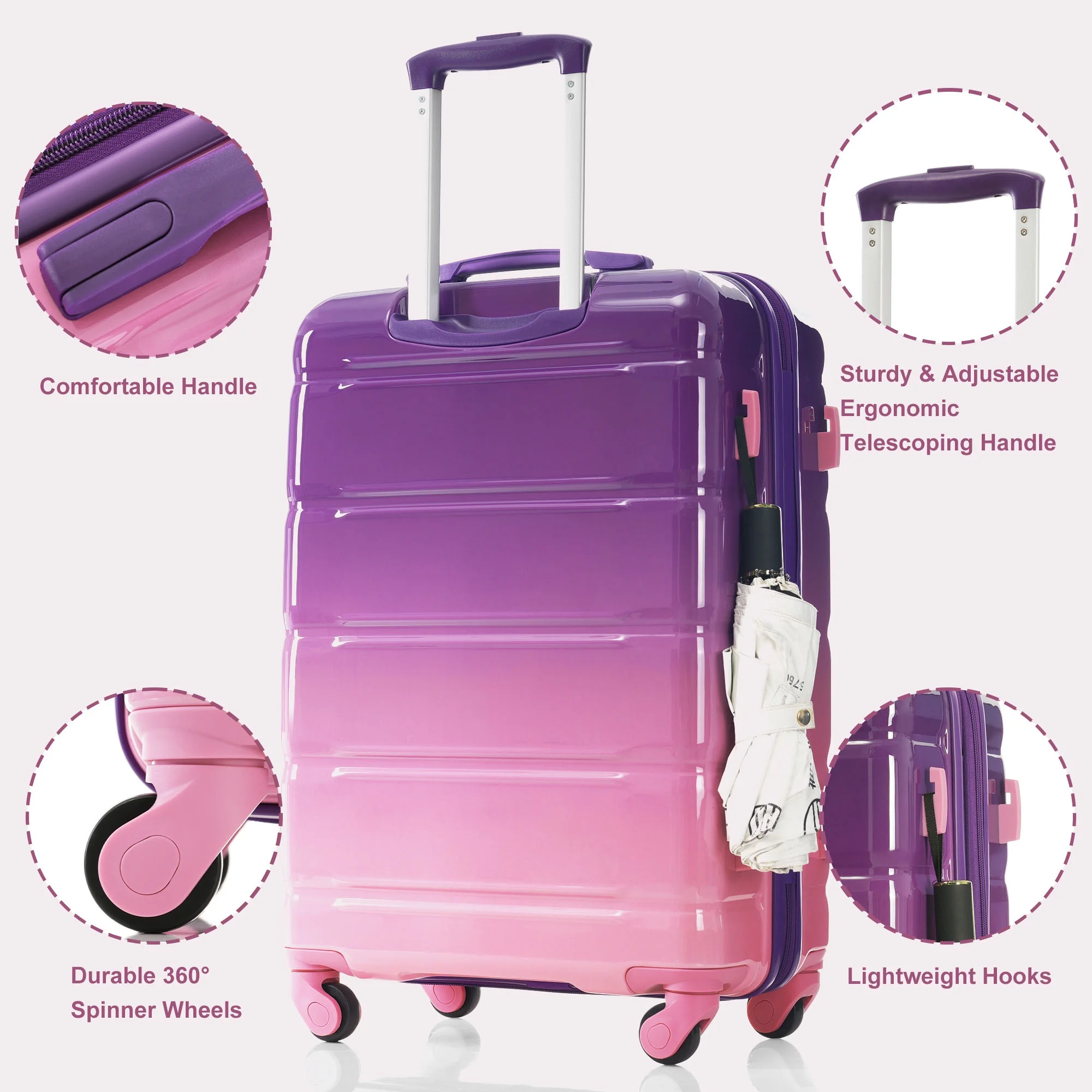 PAPROOS 3-Piece Luggage Set (20''/24''/28''), Hardshell Lightweight Suitcase with USB Port and Side Hooks, Travel Luggage with TSA-Lock, Hardside Rolling Luggage for School, Travel, Pink - Image 36