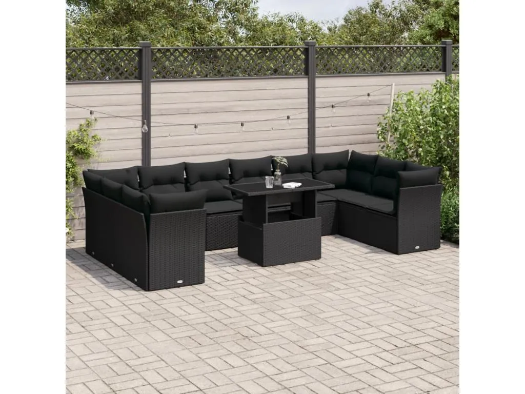 Set de sofás de jardín 11 piezas y cojines ratán sintético negro 35972BQRZ