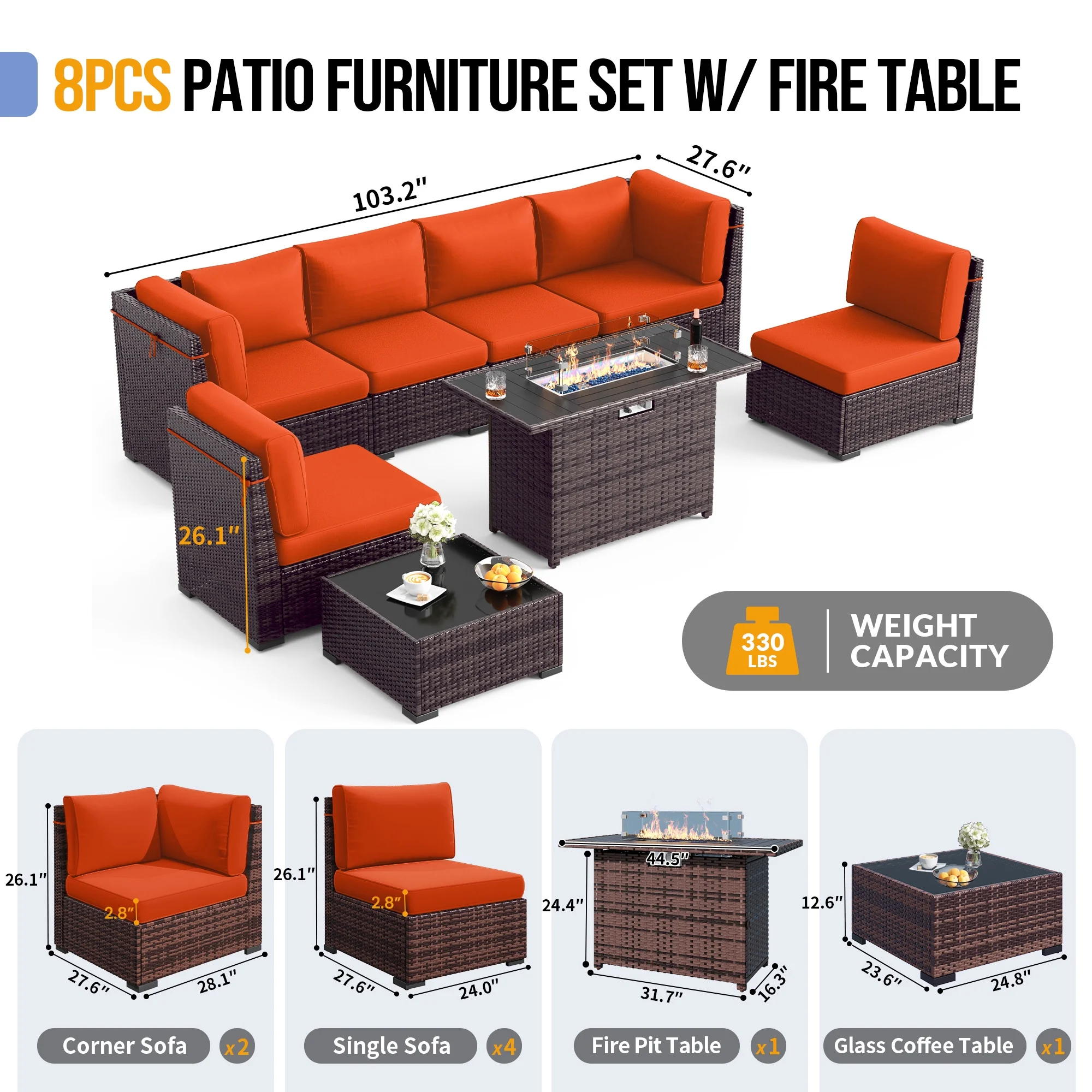 MRUAKA 8 Pieces Patio Furniture Set with Fire Pit Table, Outdoor Furniture Sectional Rattan Sofa with Slanted Back, Patio Couch with Glass Coffee Table for Backyard Garden (Dark Grey) - Image 20