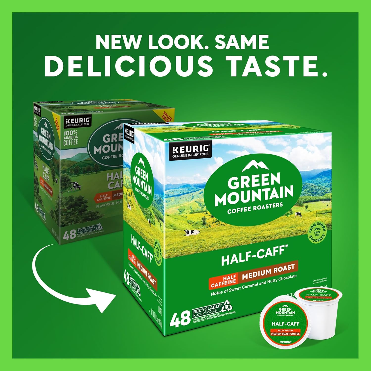Green Mountain Coffee Roasters Half Caff. Single-Serve Keurig K-Cup Pods. Medium Roast Coffee Pods. 48 Count