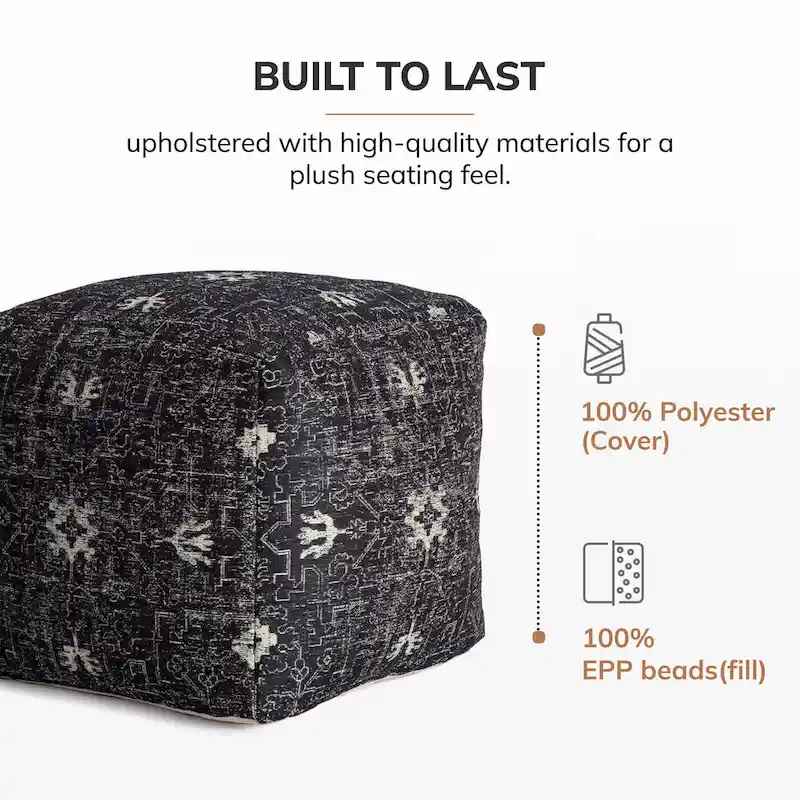 Handmade Black & White Square Pouf Ottoman - 20 x 20 x 20 Inches - Jani Tamarindo Footrest for Living Room and Nursery