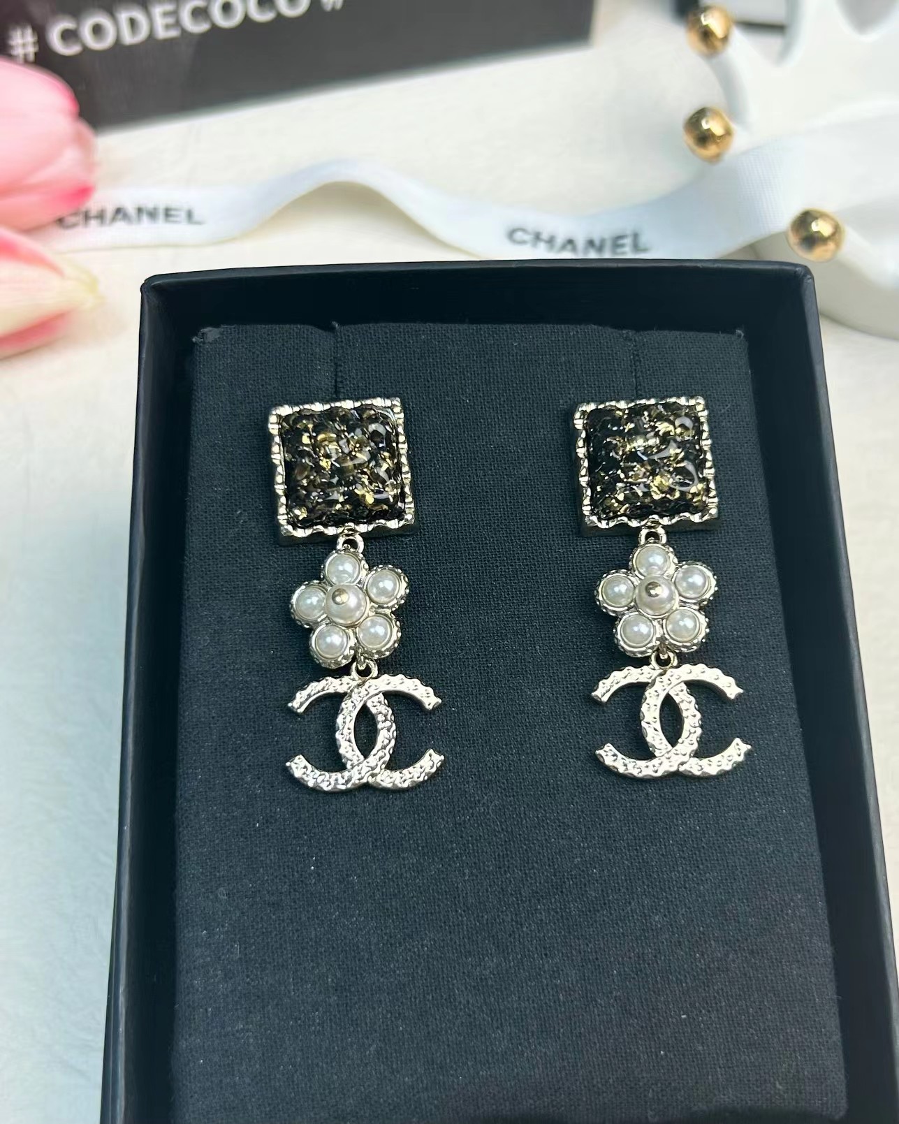 Chanel Pearl Flower Double C Dangle Earrings - Original Replica Club