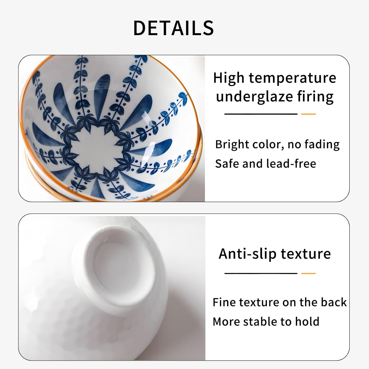 Rice Bowls 10oz, Japanese Style Bowls Set of 6 with Gift Box - Blue and White Ceramic Bowls for Soup, Dessert, Ice Cream, Snack - Kitchen Gifts for Women Christmas Gift