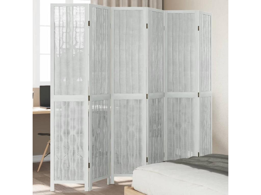 Biombo separador de 6 paneles madera maciza Paulownia blanco