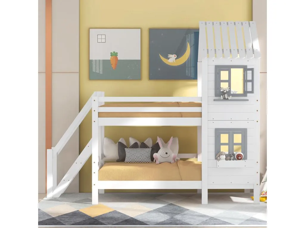 Litera de 2 plazas - 2x90x200 cm - escalera ventana y somier - color blanco