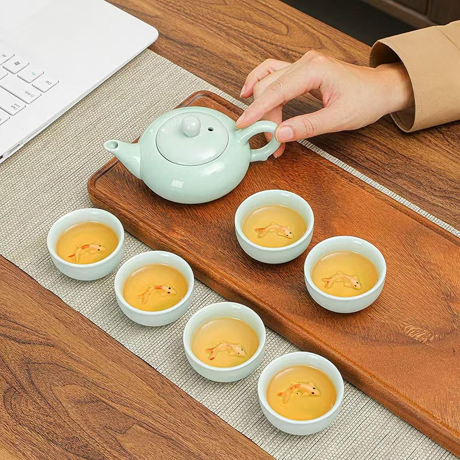 Kung Fu Tea Set, Exquisite Gifts Box Set, Koi Fish Celadon Style, Perfect for Father's Day, Mother's Day, Birthdays, Christmas