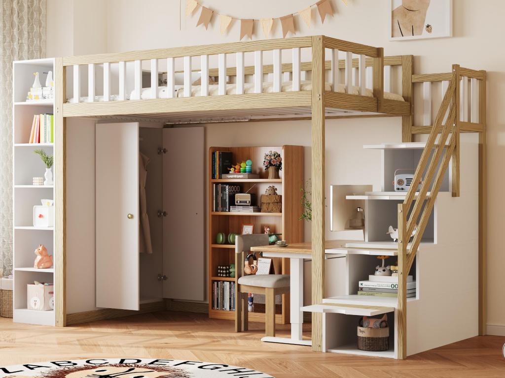 Cama entrepiso de madera de 90x200 cm - con armario - estantes y escalera de almacenamiento - Blanco