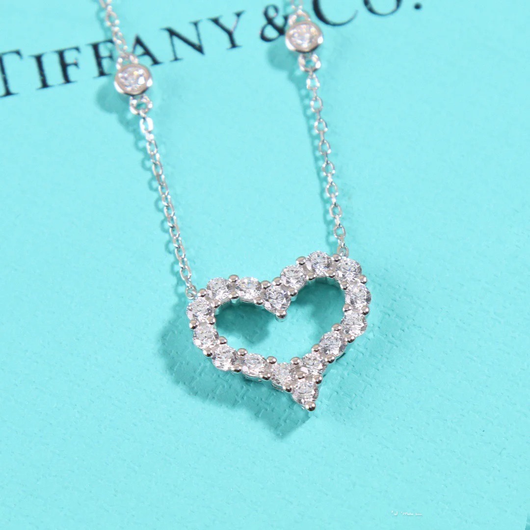 Tiffany Diamond Paved Love Heart Pendant Necklace in White Gold Color - Original Replica Club