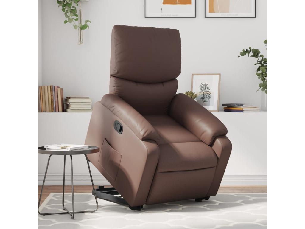 Sillón reclinable elevable cuero sintético marrón