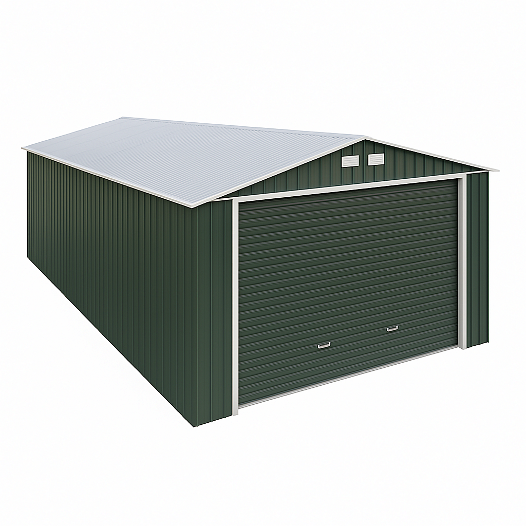Garaje de metal, almacén exterior con puerta enrollable, verde