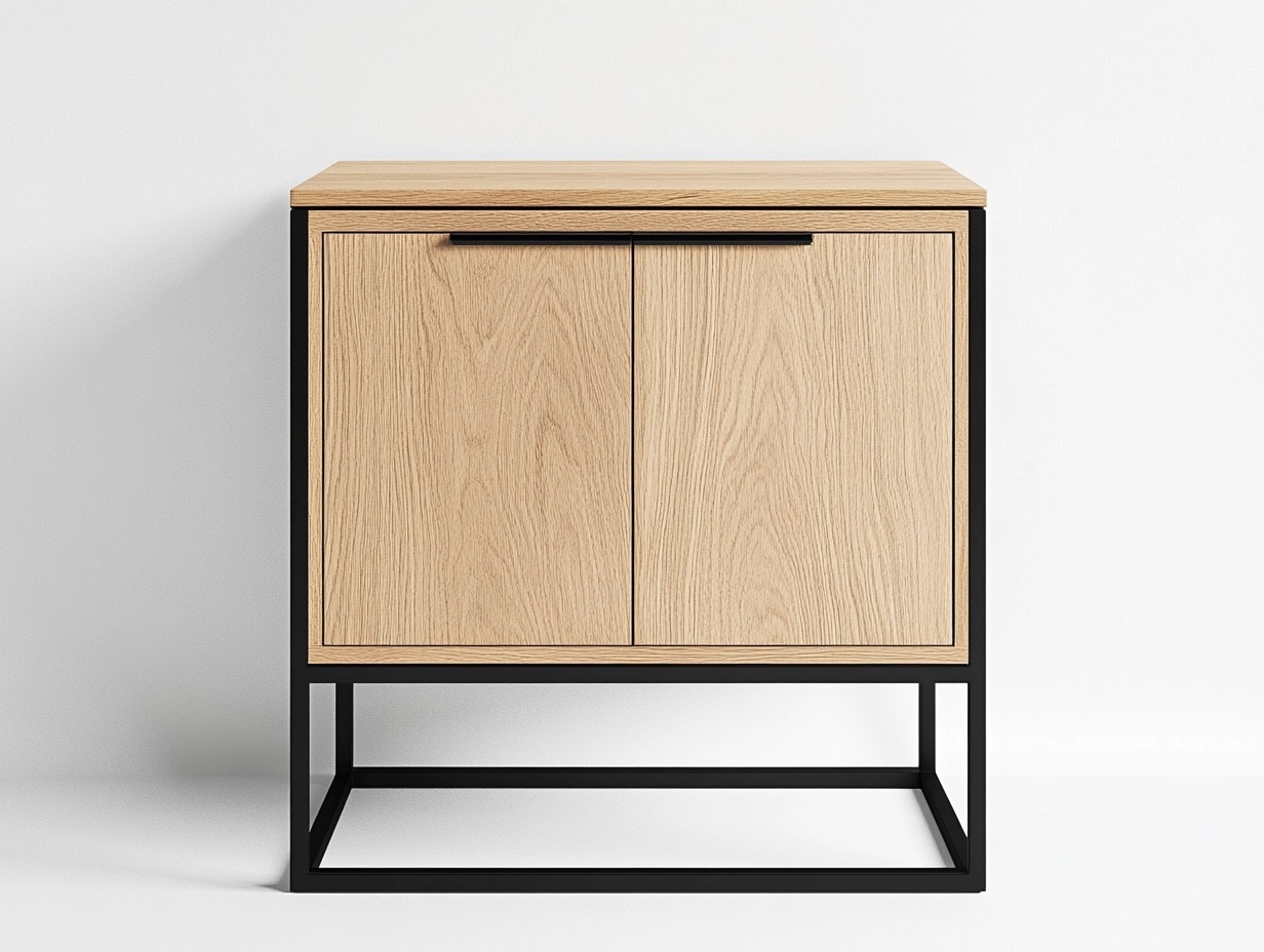 Armario bajo de madera roble claro y negro para salón moderno con estructura metálica 80x40x90cm para almacenamiento multifuncional ES6596198