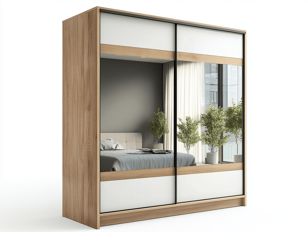 Armario con puertas correderas 180×62×200 cm – efecto roble natural y paneles blanco brillo con espejo central – estilo moderno nórdico – ideal para dormitorio de diseño