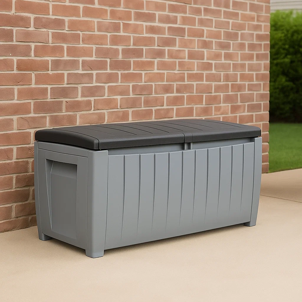 Baúl de jardín con tapa abatible,gris,plástico,exterior,124x54x62 cm
