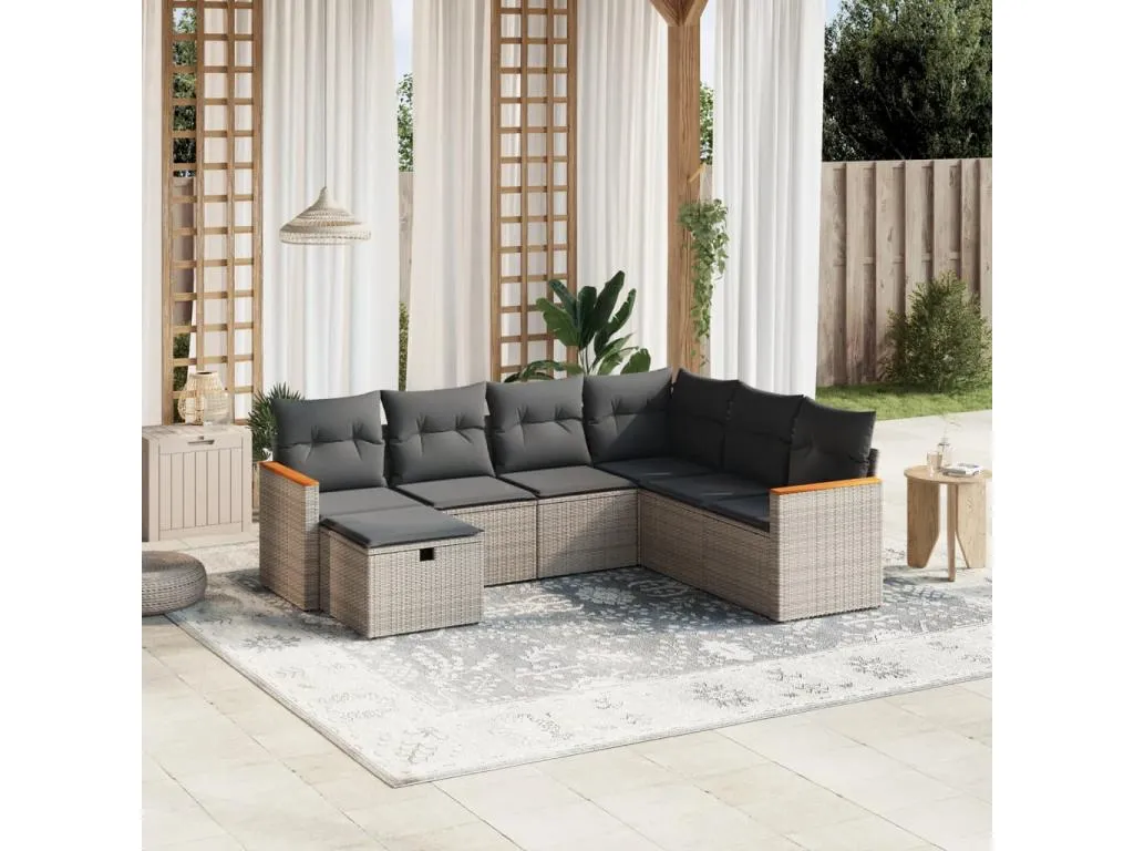 Patriciabaezcasa Set de sofás de jardín 7 piezas con cojines ratán PE gris