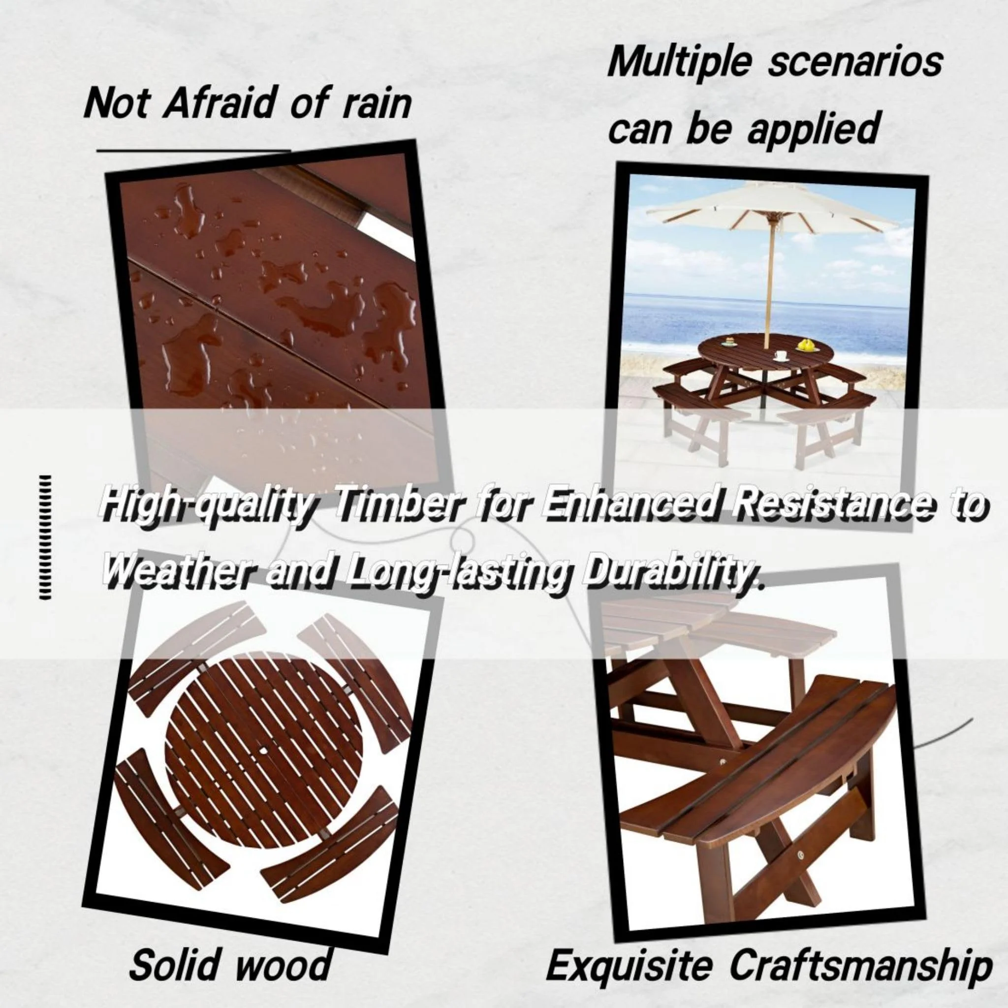 8 Person Wood Picnic Table, Outdoor Round Picnic Table with 4 Built-in Benches, Umbrella Hole, Outside Table and Bench Set for Patio, Backyard, 500lbs Capacity Per Bench - Image 16