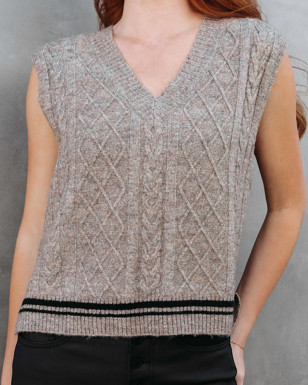 Princeton League Cable Knit Sweater Vest - Taupe - Se7enfashion