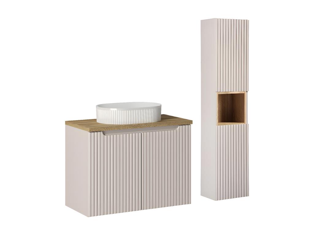 Conjunto de muebles con lavabo individual 80cm 2 puertas y columna Riva Cachemira y Madera