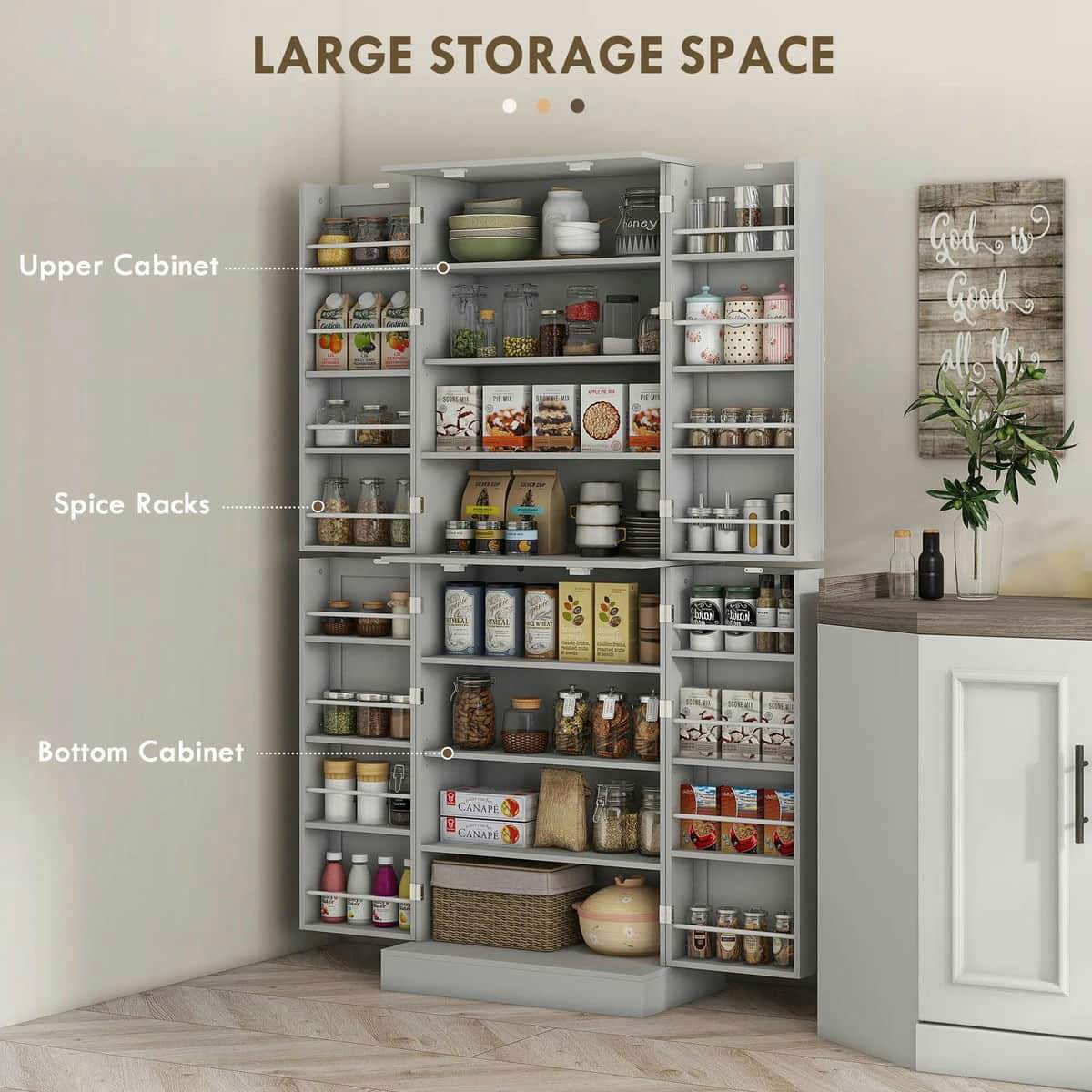 Spaco 17-Tier Kitchen Small Pantry Cabinet with 2 Doors and 6 Adjustable Shelves, Cabinet Pantry, Freestanding 5-Tier Shelving Pantries for Kitchen Storage, Gray - Image 69