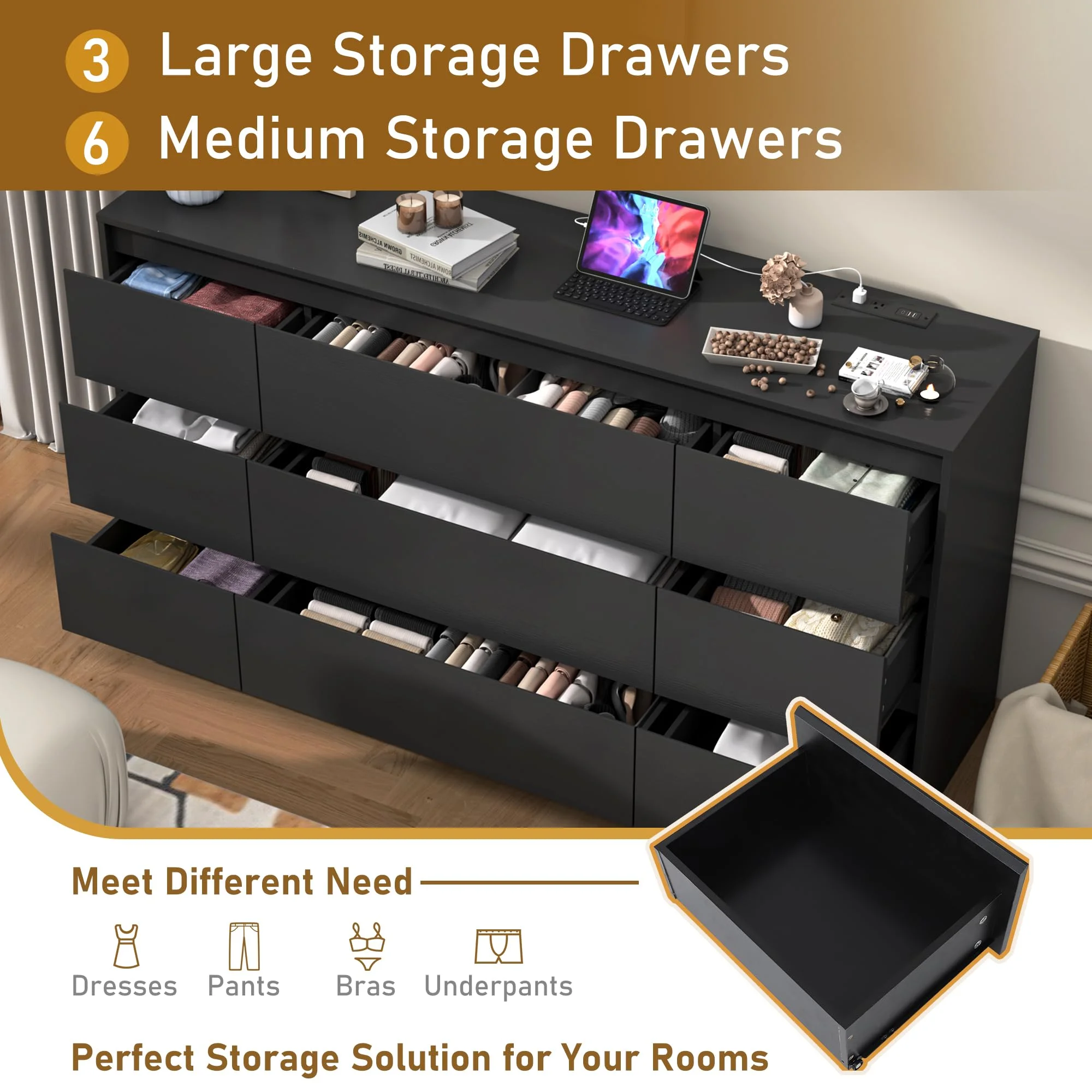 ChVans Black 9 Drawers Dresser with Charging Station, 63" Long Modern Dresser with 9 Drawers for Bedroom, Large Wood Chest of Drawers Handle Free, Dresser for Bedroom, Living Room, Hallway - Image 2
