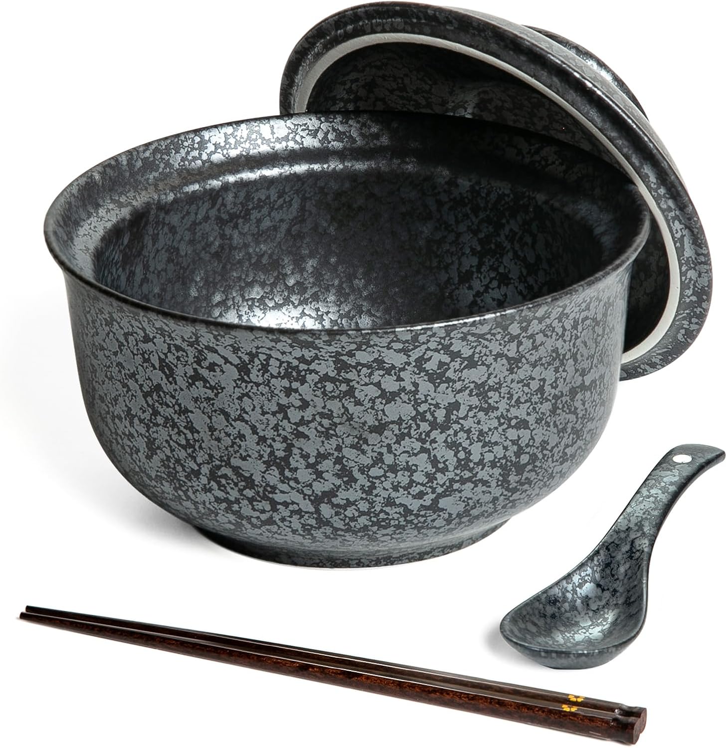Ceramic Ramen Bowl Set of 2, Ramen Noodle Bowl with Lid 27oz Japanese Retro Style Soup, Pho, Udon Bowls, Matching Spoons and Chopsticks for Microwave & Dishwasher Safe, Twig