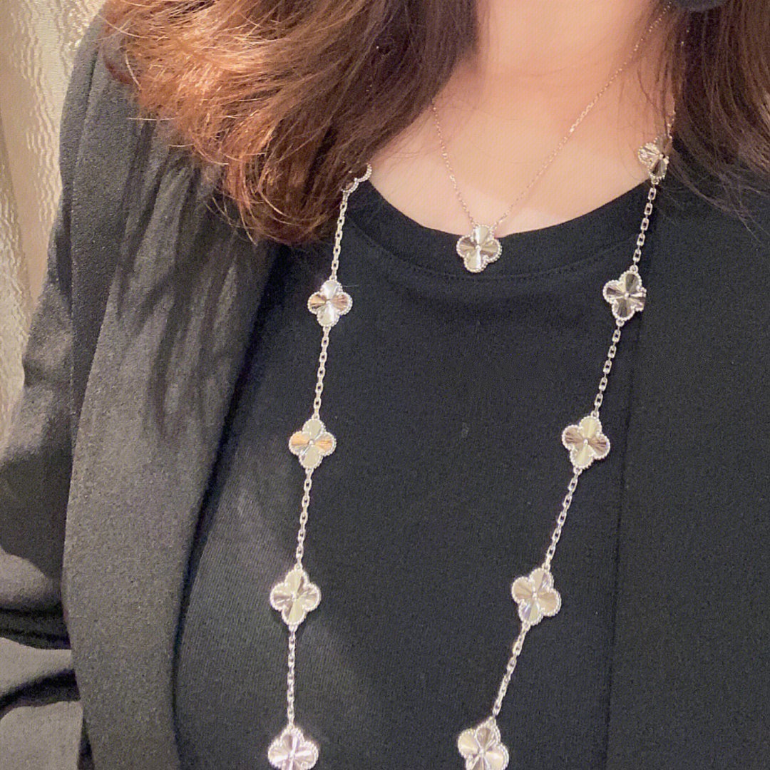 VCA White Laser Clover Vintage Alhambra Long Necklace, 20 Motifs - Original Replica Club