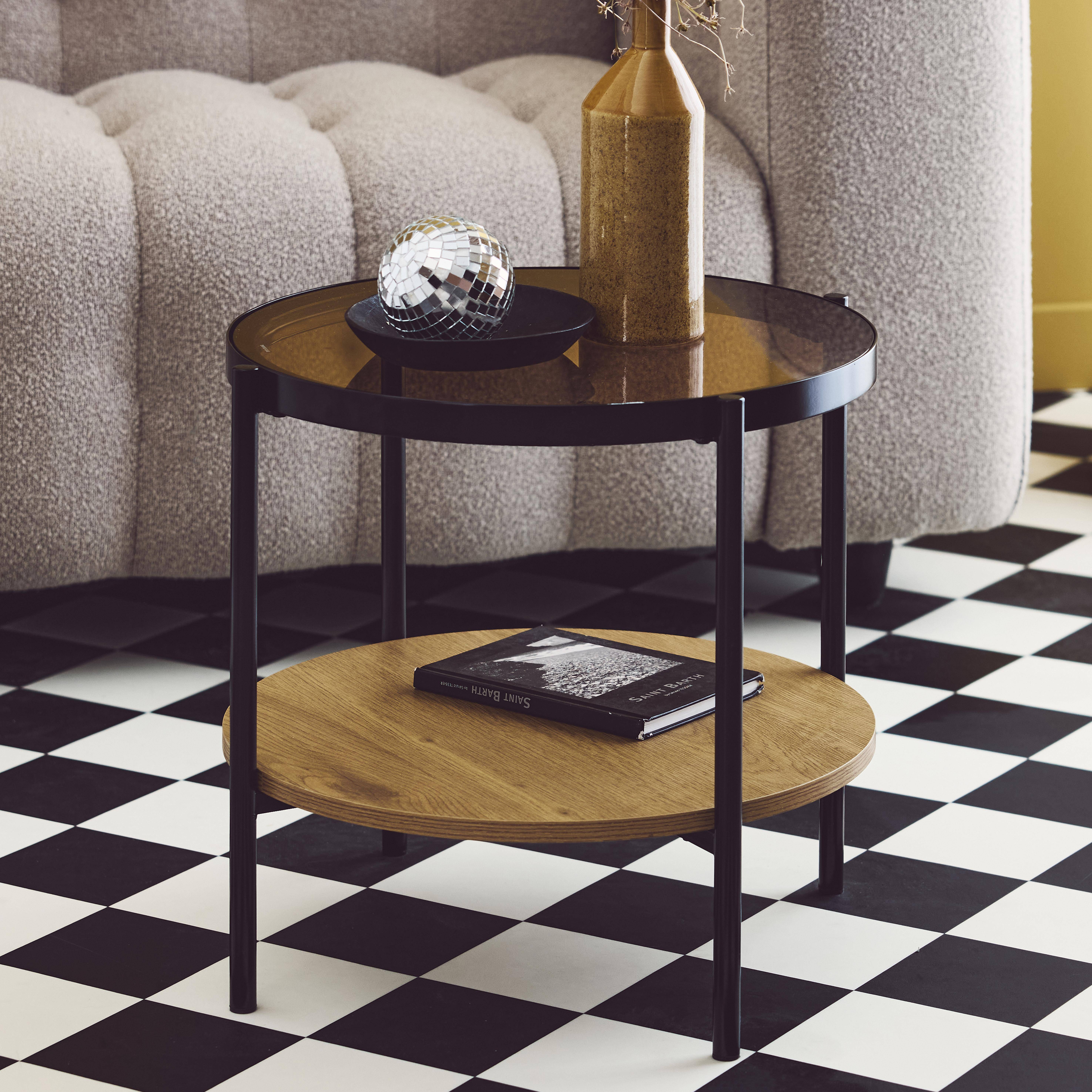Smooky - Mesa auxiliar redonda de cristal templado efecto madera y metal negro